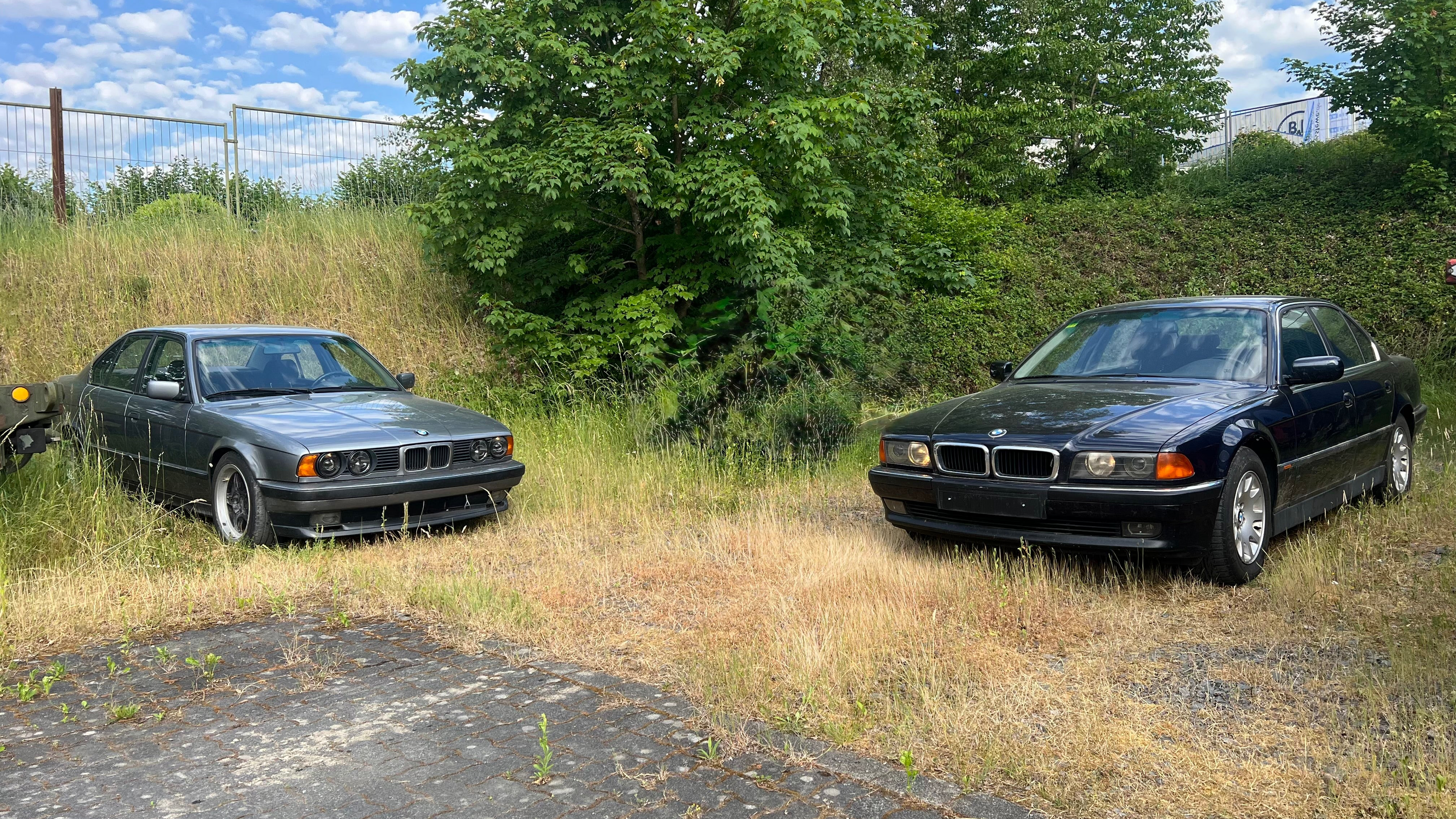 Ein BMW E34 und ein BMW E38 auf einer Wiese in einer Ecke.