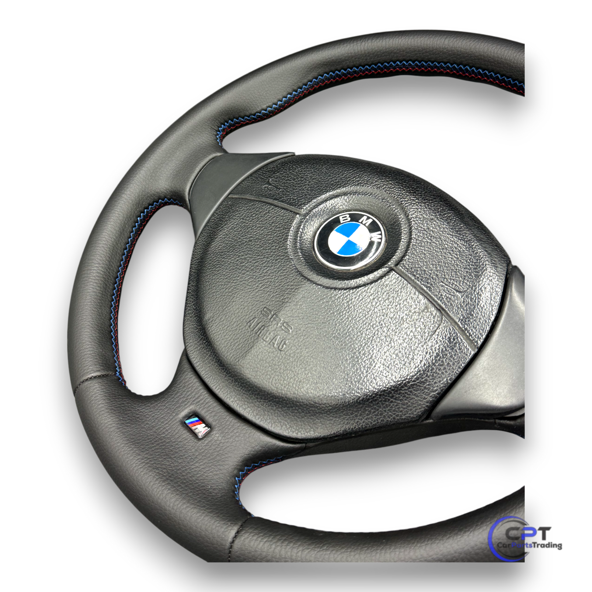 BMW M 3-Speichen Sportlenkrad – neu bezogen in schwarzem Leder mit M-farbiger Ziernaht

