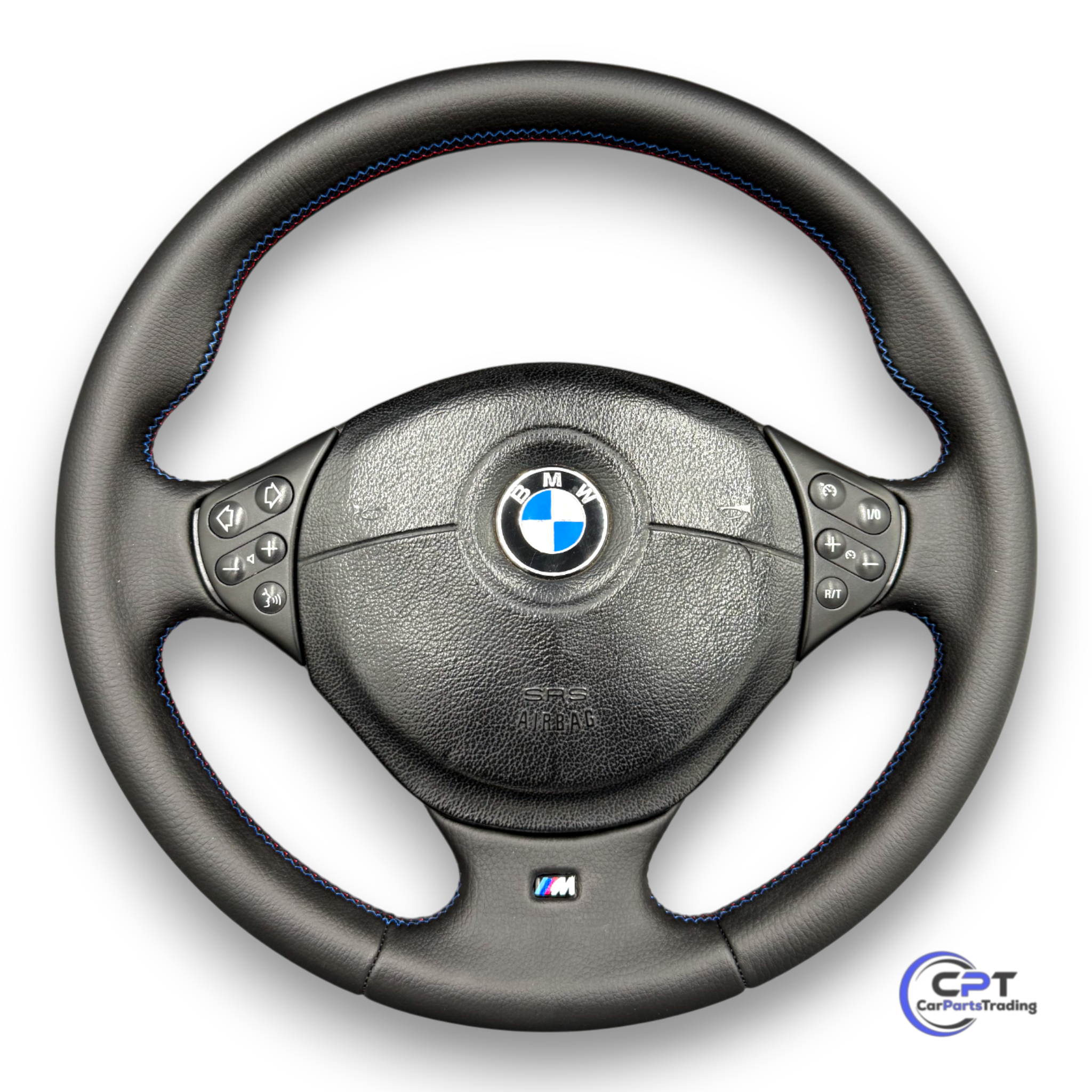 BMW M 3-Speichen Sportlenkrad – neu bezogen in schwarzem Leder mit M-farbiger Ziernaht

