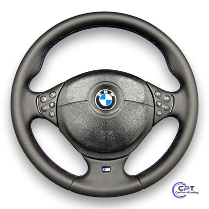 BMW M 3-Speichen Sportlenkrad – neu bezogen in schwarzem Leder mit M-farbiger Ziernaht

